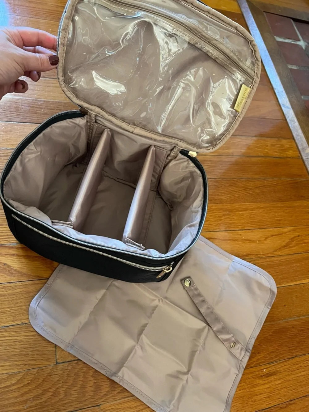 Hands Free Nursing Pump Black Bag with Gold Hardware, Tan Interior